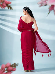 Maroon colored zari weaving satin saree with sequinned belt