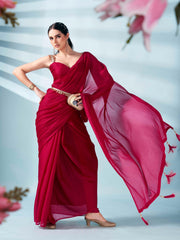Maroon colored zari weaving satin saree with sequinned belt