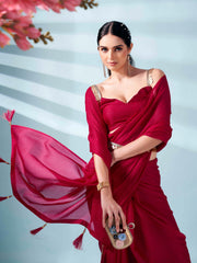 Maroon colored zari weaving satin saree with sequinned belt