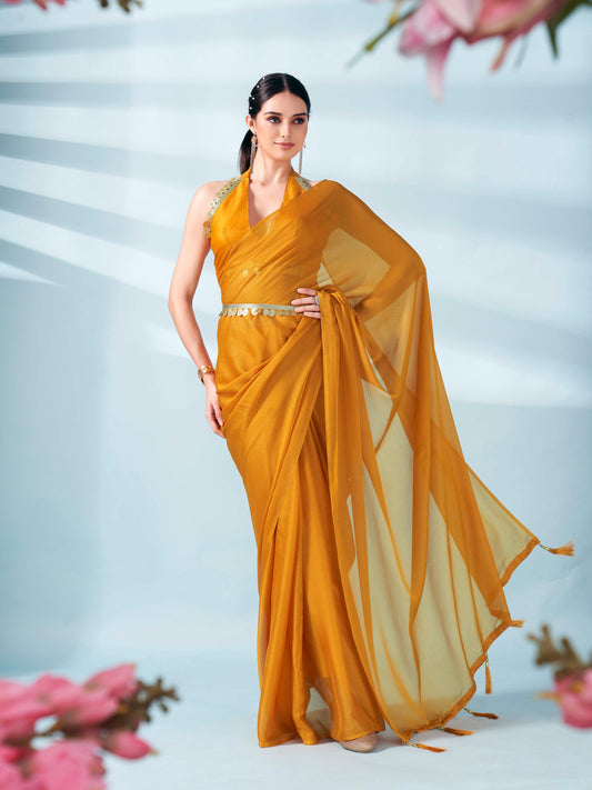 Tikhi Imli - Mustard colored zari weaving satin saree with sequinned belt