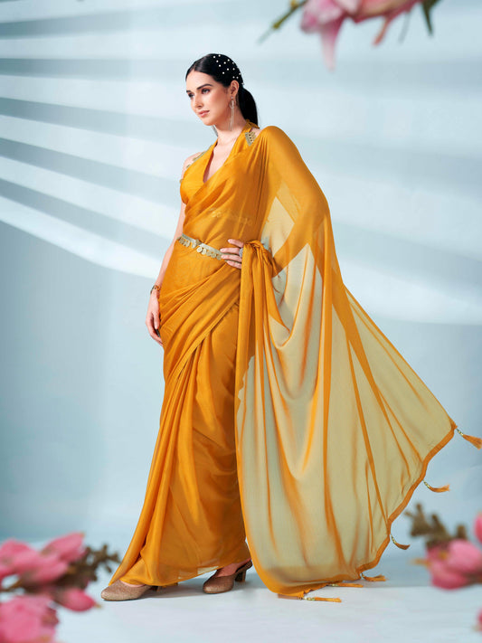 Tikhi Imli - Mustard colored zari weaving satin saree with sequinned belt