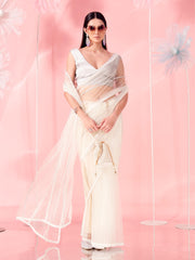 Off white colored designer net saree with faux beads and pearls stitched on pallu