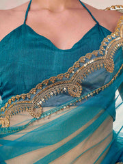 Firozi colored net embroidered saree