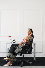 Ready to wear black colored printed satin saree