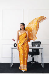Ready to wear mustard colored printed satin saree