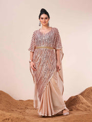 Beige colored designer kaaftan saree with embellished belt