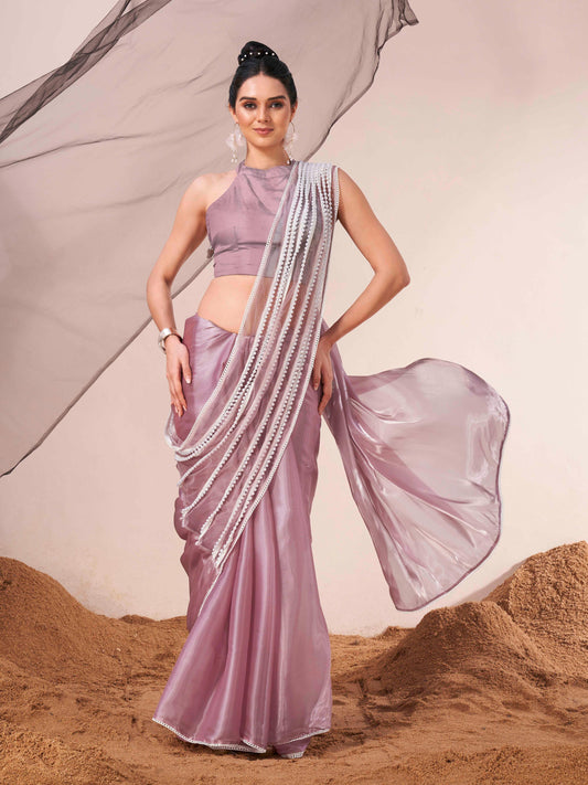 Tikhi Imli - Lavendar colored fancy designer saree with moti lace on shoulder portion