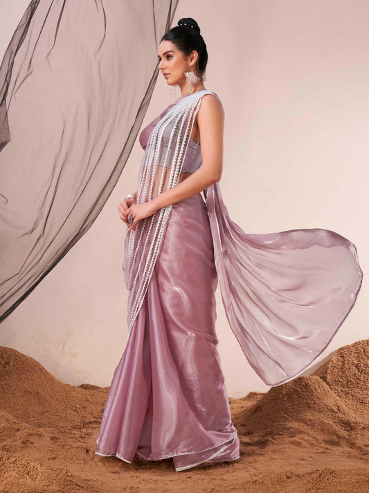 Tikhi Imli - Lavendar colored fancy designer saree with moti lace on shoulder portion