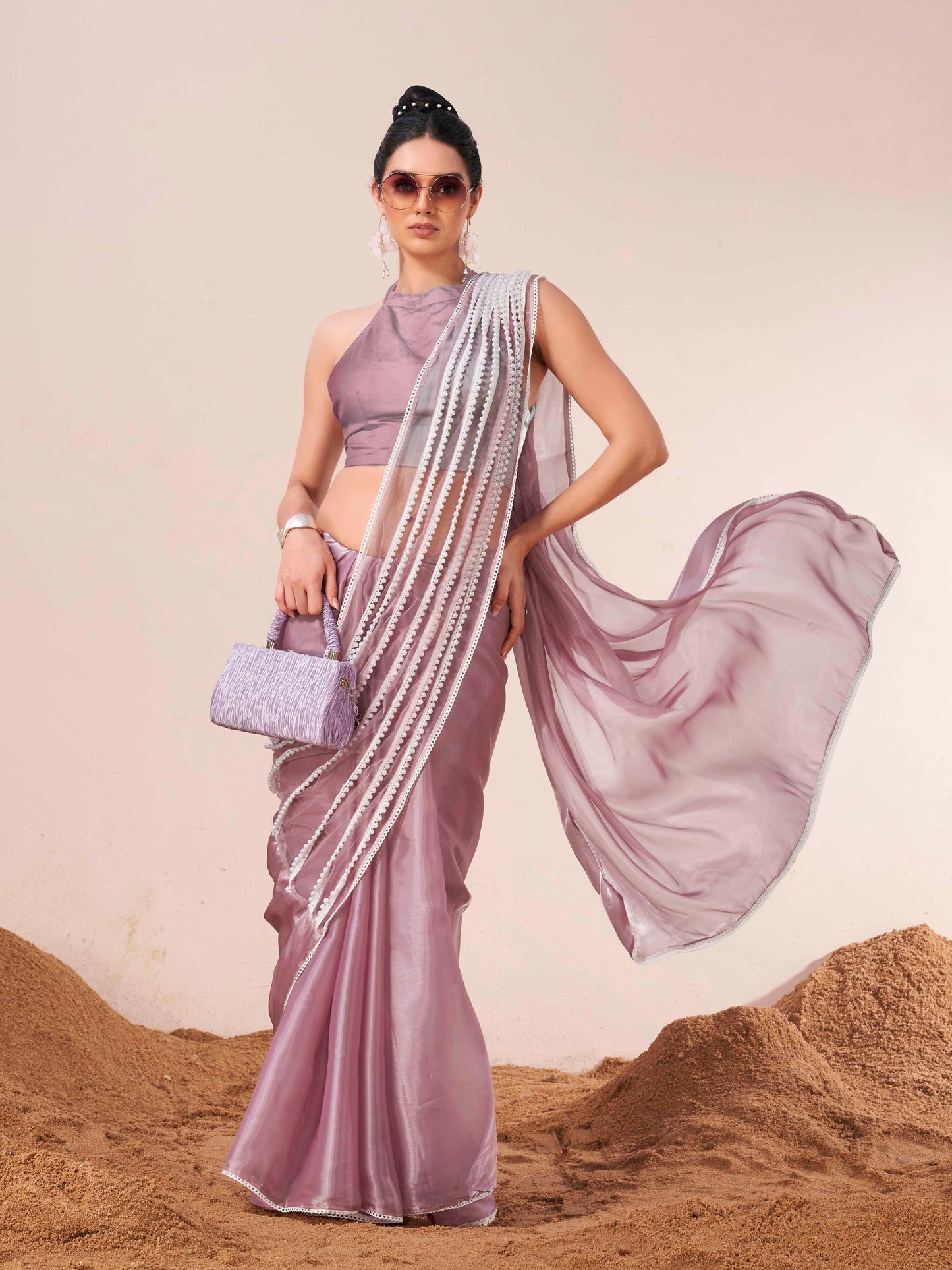 Tikhi Imli - Lavendar colored fancy designer saree with moti lace on shoulder portion