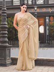 Beige colored jimy cho saree with handwork border