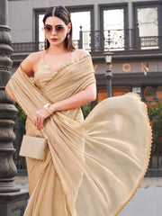 Beige colored jimy cho saree with handwork border