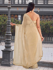Beige colored jimy cho saree with handwork border