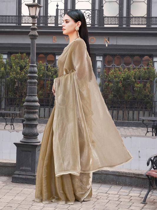 Metallic Green colored jimmy choo saree with brocade blouse