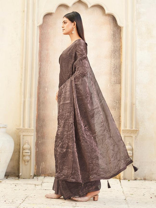 Metallic copper colored crushed pallu burberry half and half saree
