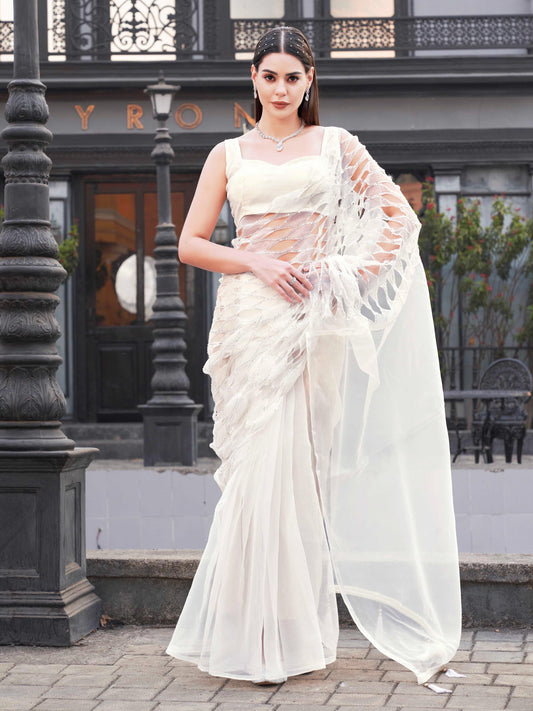 White colored designer organza saree with heavy cutwork fabric on shoulder