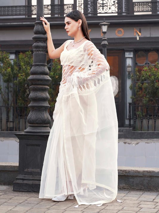 White colored designer organza saree with heavy cutwork fabric on shoulder