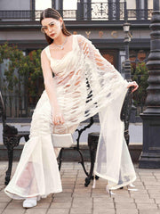 White colored designer organza saree with heavy cutwork fabric on shoulder