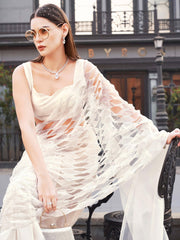 White colored designer organza saree with heavy cutwork fabric on shoulder