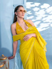 Tikhi Imli - Ready to wear yellow colored saree with brocade blouse