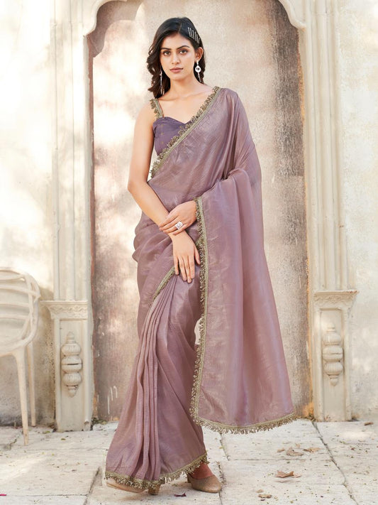 Mauve colored crunchy saree with sequinned lace and brocade blouse