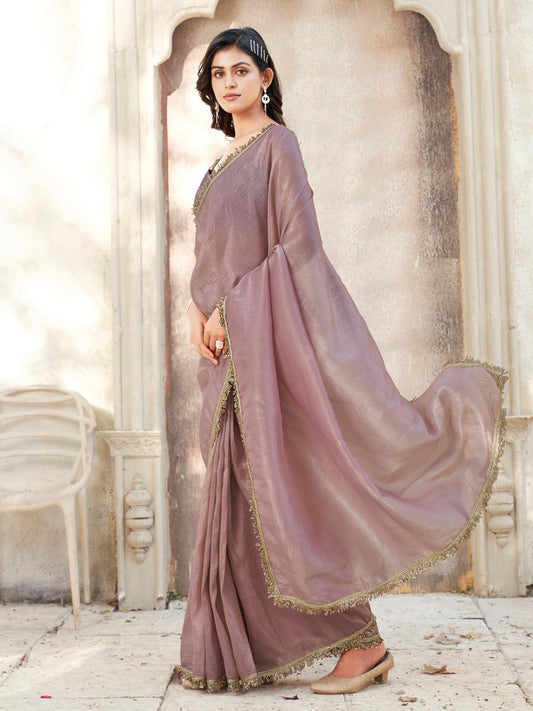 Mauve colored crunchy saree with sequinned lace and brocade blouse
