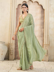 Pista green colored crunchy saree with sequinned lace and brocade blouse