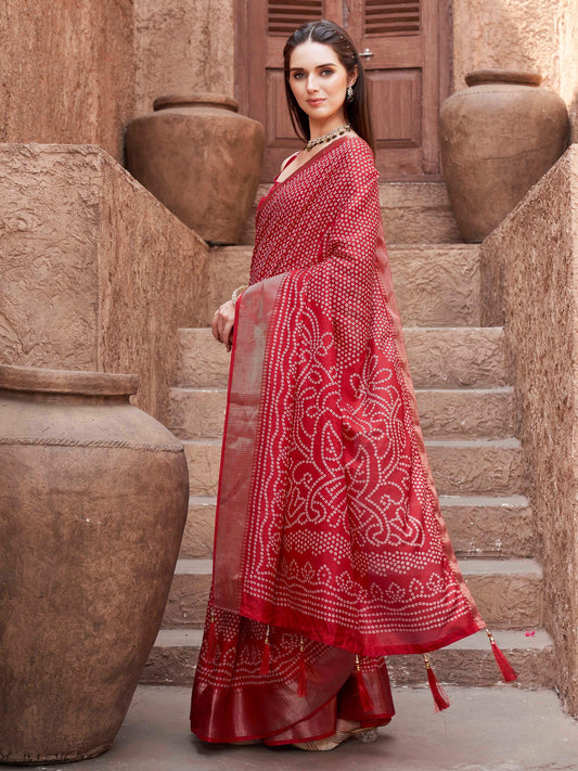 Ready to wear red colored cotton blend daily wear saree with woven border