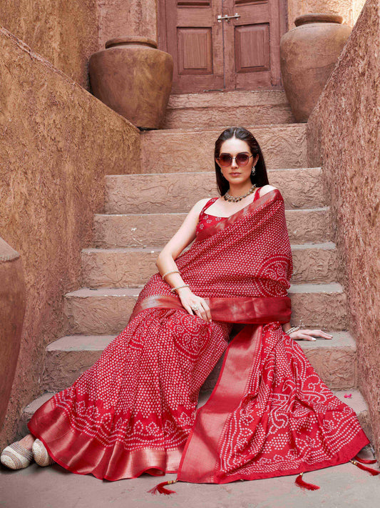 Ready to wear red colored cotton blend daily wear saree with woven border