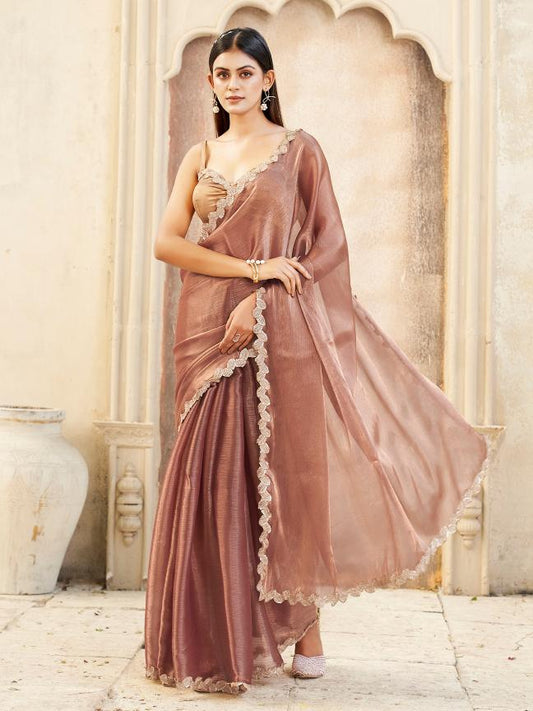 Two toned copper and gold colored jimmy choo saree with embroidered lace