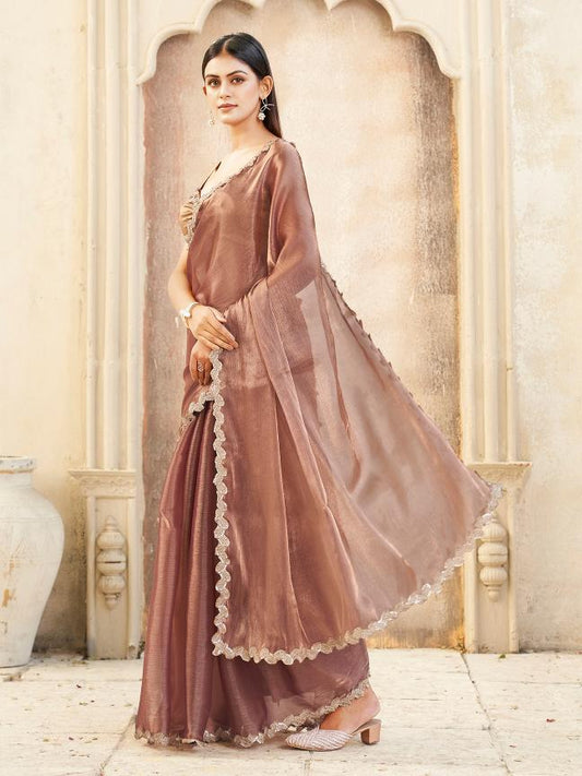Two toned copper and gold colored jimmy choo saree with embroidered lace