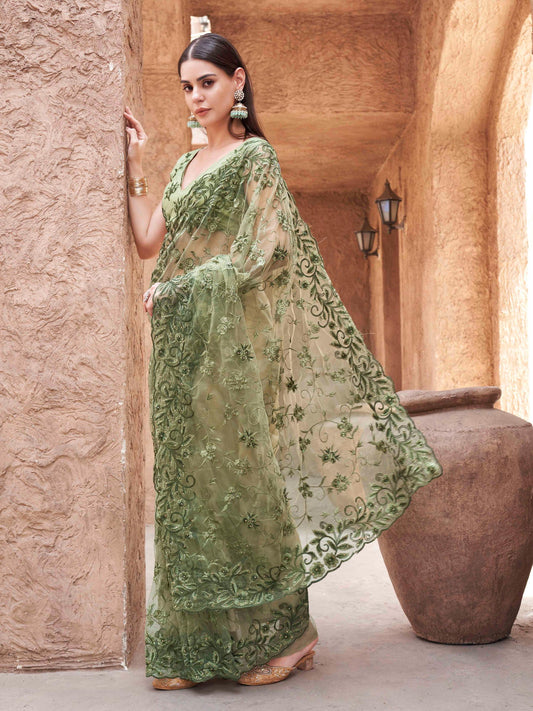 olive green colored embroidered net saree with scalloped border