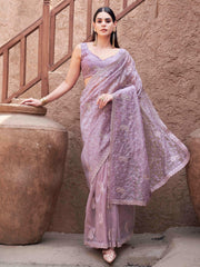 Beige colored shimmer net embroidered designer saree