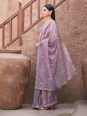 Beige colored shimmer net embroidered designer saree