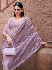 Beige colored shimmer net embroidered designer saree
