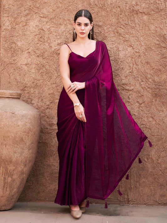 Ready to wear two tone pink and wine colored shimmer satin saree with tassles on pallu
