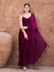 Ready to wear two tone pink and wine colored shimmer satin saree with tassles on pallu