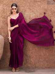 Ready to wear two tone pink and wine colored shimmer satin saree with tassles on pallu