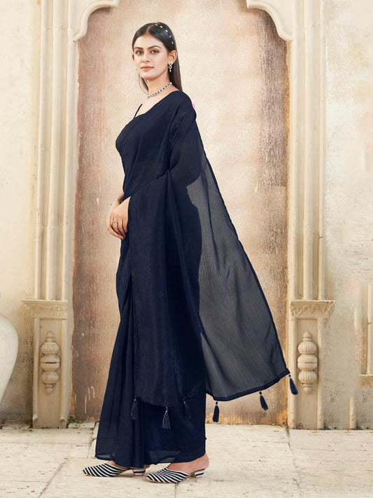 Ready to wear navy blue colored shimmer saree with tassles on pallu