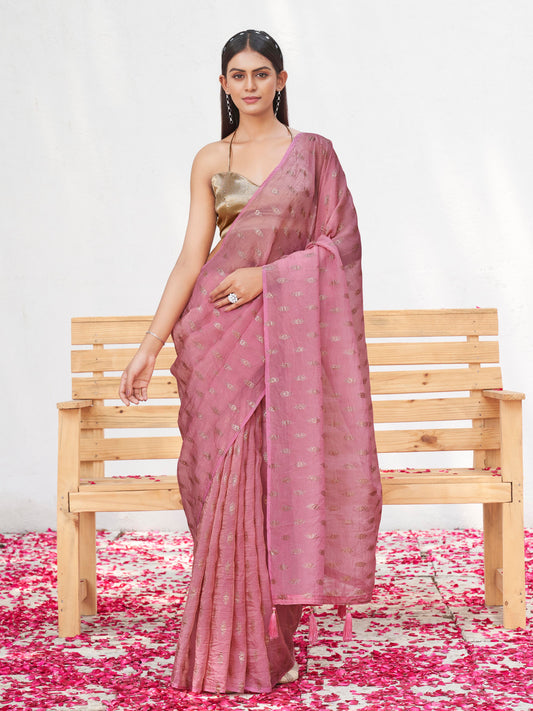 pink colored designer crunchy saree with jari foil print
