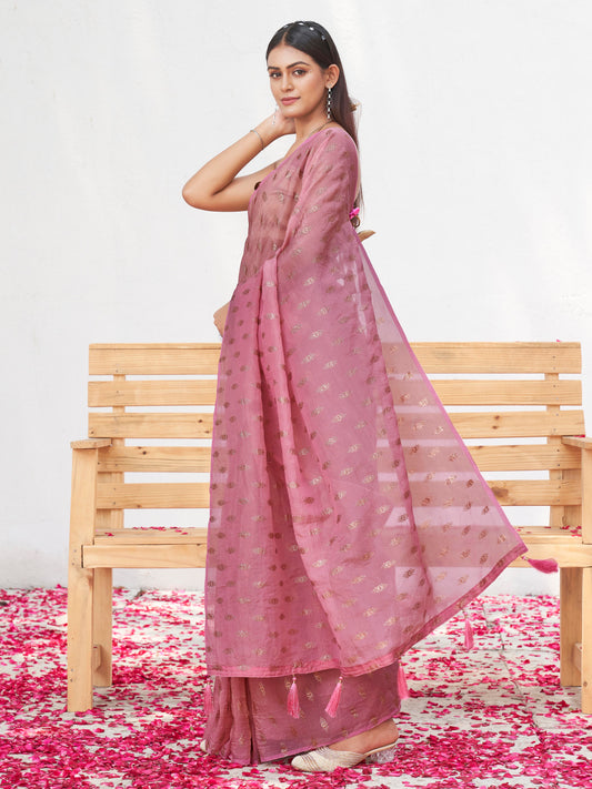 pink colored designer crunchy saree with jari foil print