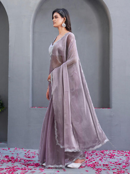 Mauve colored jimmy choo saree with embellished lace