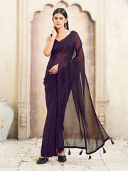 Ready to wear two tone pink and wine colored shimmer satin saree with tassles on pallu