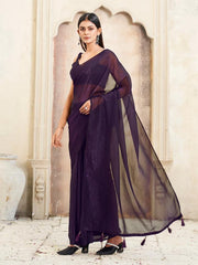 Ready to wear two tone pink and wine colored shimmer satin saree with tassles on pallu