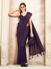 Ready to wear two tone pink and wine colored shimmer satin saree with tassles on pallu