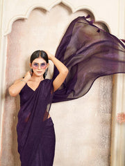 Ready to wear two tone pink and wine colored shimmer satin saree with tassles on pallu