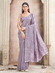 mauve colored saree with mirror embroidery on pallu and scalloped border
