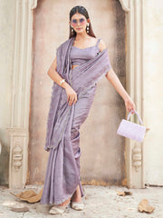 mauve colored saree with mirror embroidery on pallu and scalloped border