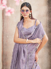 mauve colored saree with mirror embroidery on pallu and scalloped border