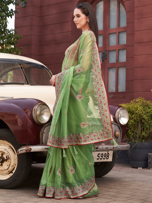 Green colored shimmer net embroidered saree