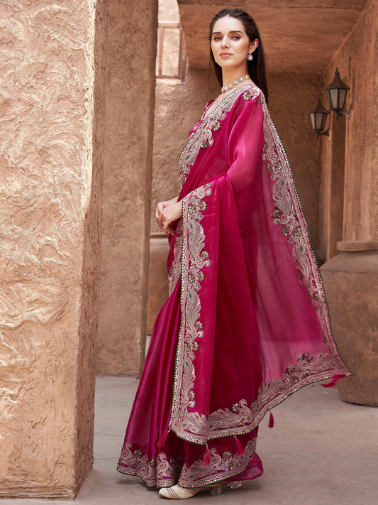 Tikhi Imli - Rani colored zari embroidered saree